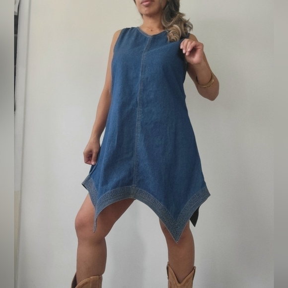 VINTAGE 100% COTTON Y2K Jean Dress with Waterfall Hem - Picture 8 of 11